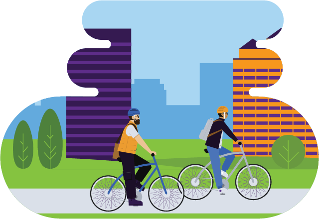 Two people biking in a city greener commute illustration