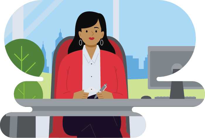 Woman in business casual working in front of a window with a cityscape in the background illustration