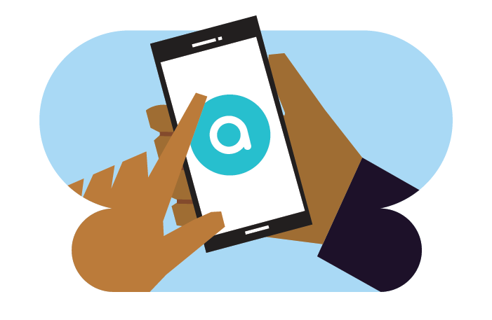 Illustration of hand holding a smartphone loading Aira app